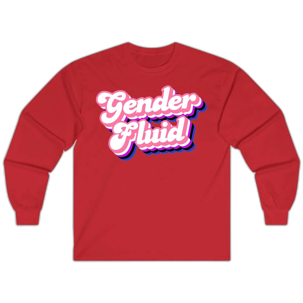 Gender Fluid design featuring bold pink and white text with colorful purple, blue, and black layered shadow effects in Red