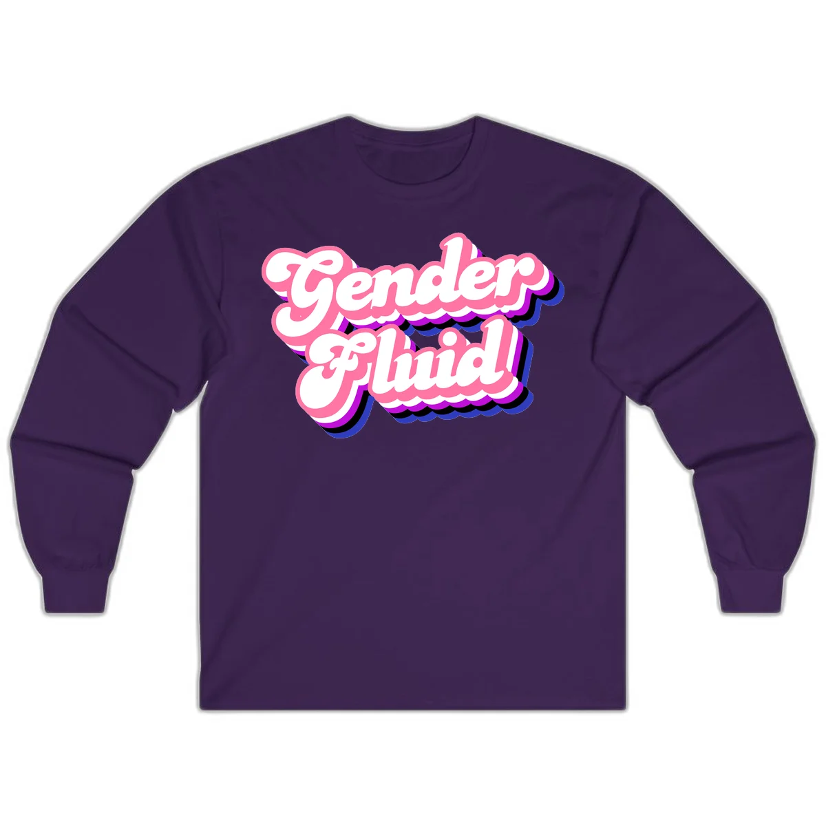 Gender Fluid design featuring bold pink and white text with colorful purple, blue, and black layered shadow effects in Purple