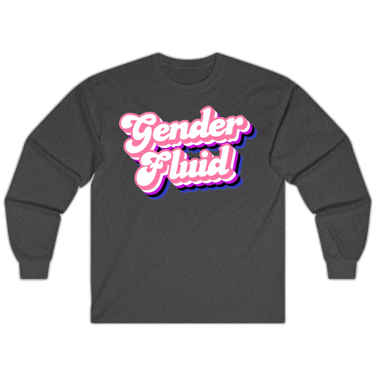 Gender Fluid design featuring bold pink and white text with colorful purple, blue, and black layered shadow effects in Dark Heather
