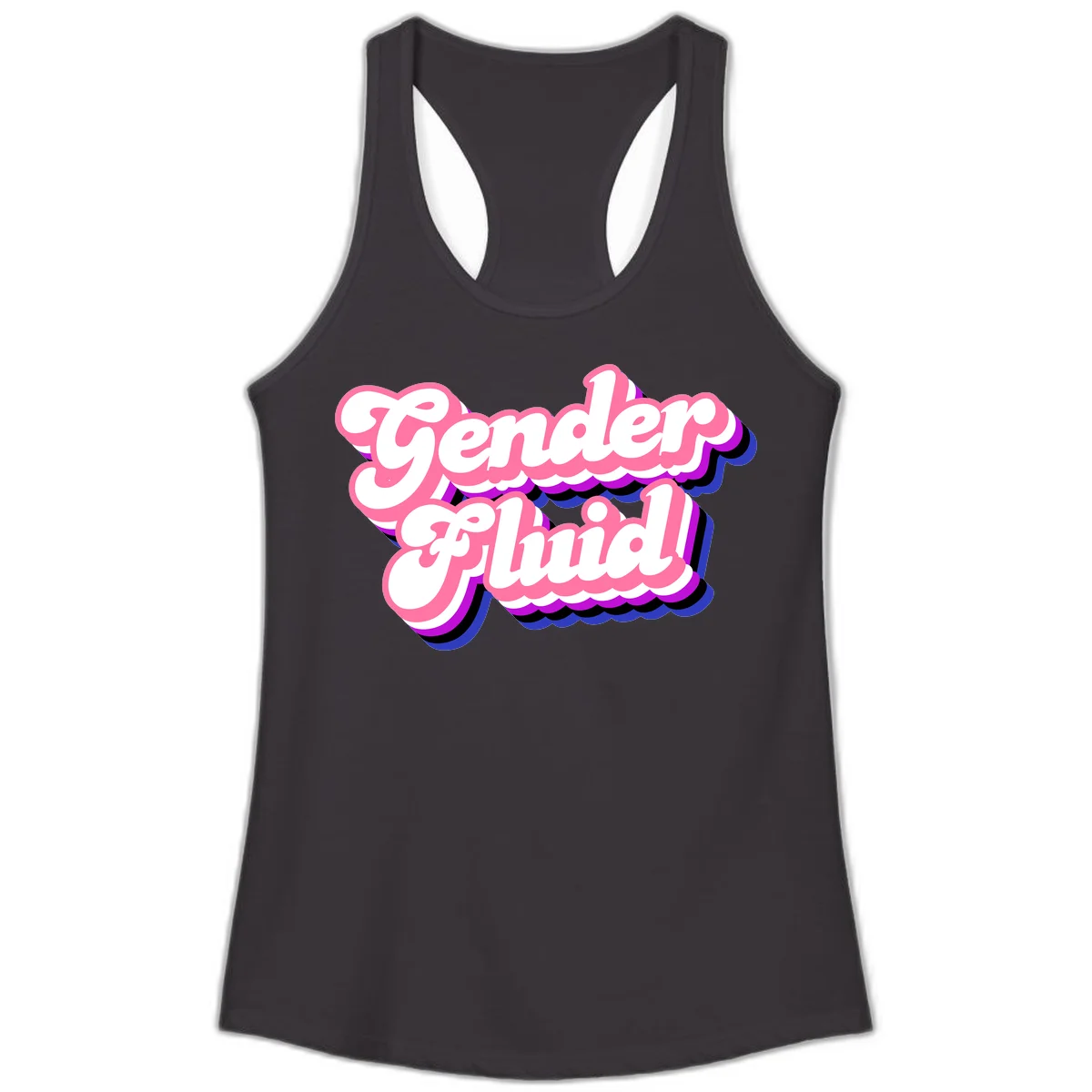 Gender Fluid design featuring bold pink and white text with colorful purple, blue, and black layered shadow effects in Black