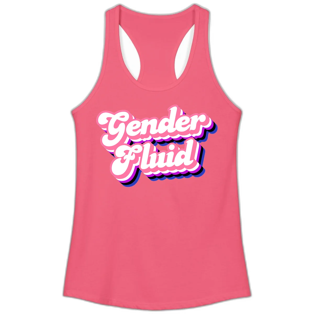 Gender Fluid design featuring bold pink and white text with colorful purple, blue, and black layered shadow effects in Hot Pink