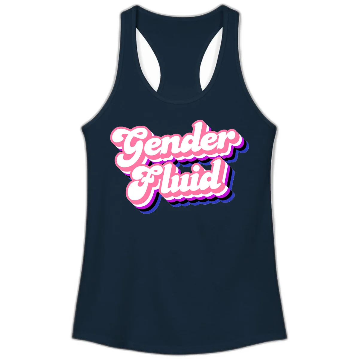 Gender Fluid design featuring bold pink and white text with colorful purple, blue, and black layered shadow effects in Solid Midnight Navy