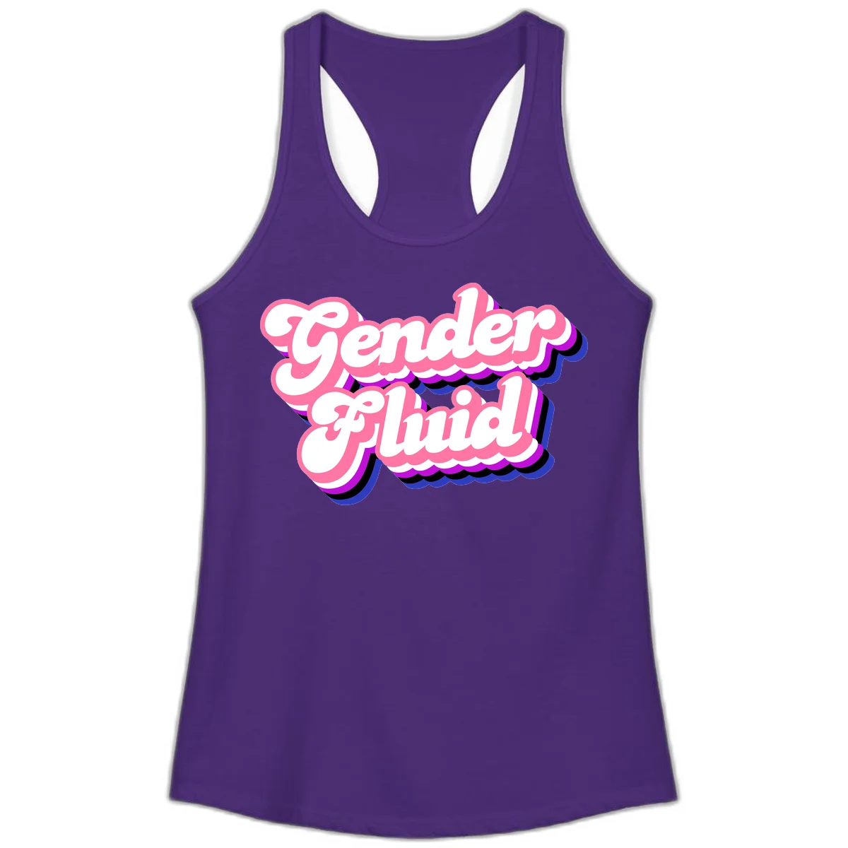 Gender Fluid design featuring bold pink and white text with colorful purple, blue, and black layered shadow effects in Solid Purple Rush