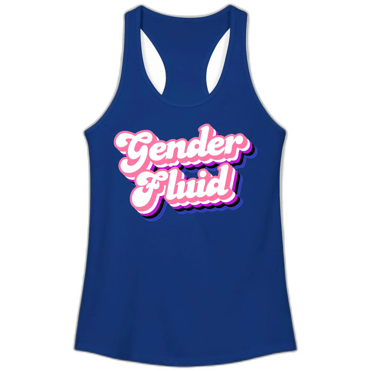 Gender Fluid design featuring bold pink and white text with colorful purple, blue, and black layered shadow effects in Solid Royal