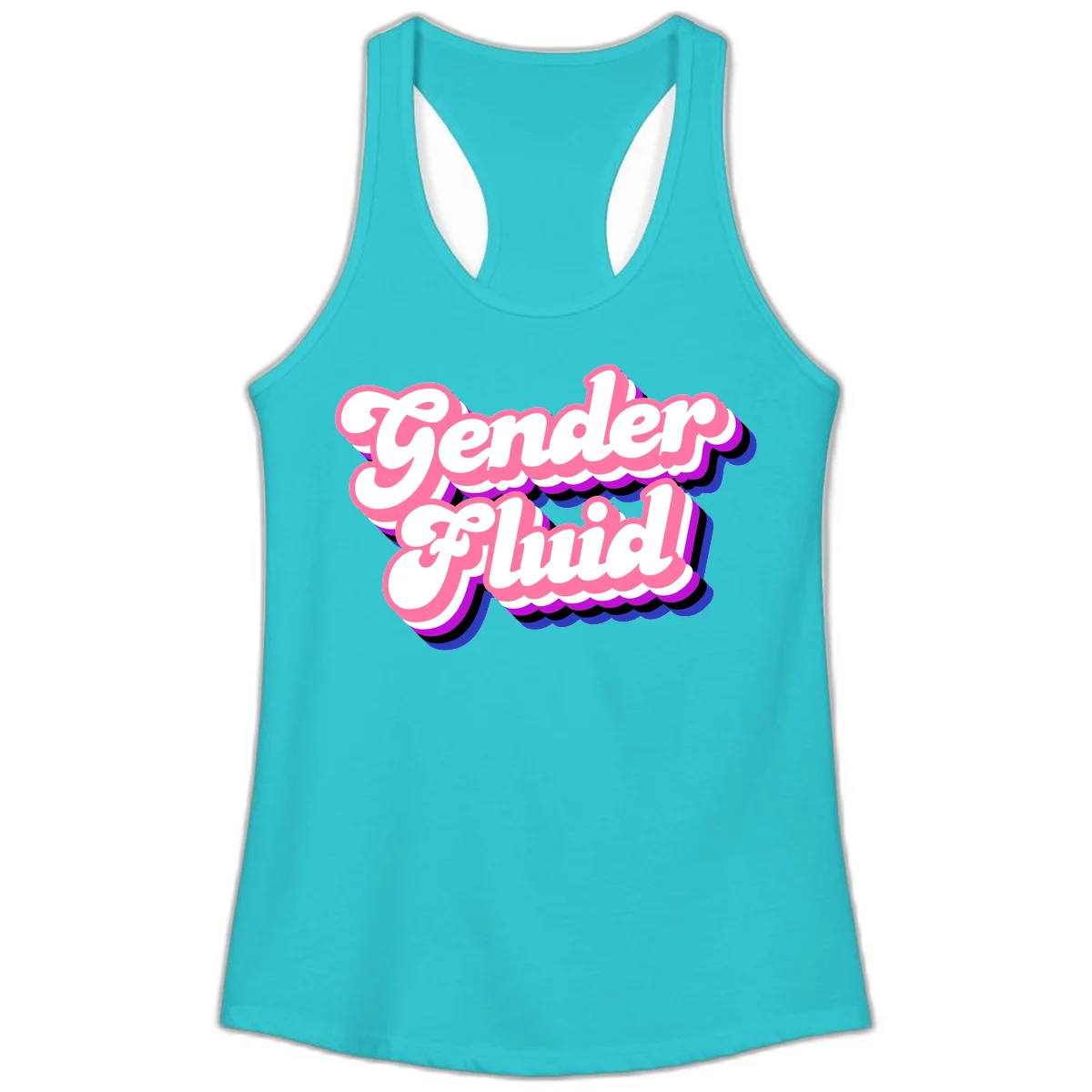 Gender Fluid design featuring bold pink and white text with colorful purple, blue, and black layered shadow effects in Solid Tahiti Blue