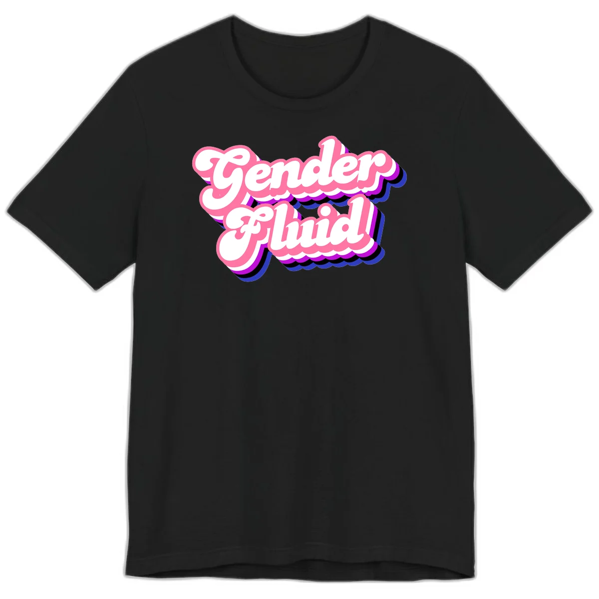 Gender Fluid design featuring bold pink and white text with colorful purple, blue, and black layered shadow effects in Black
