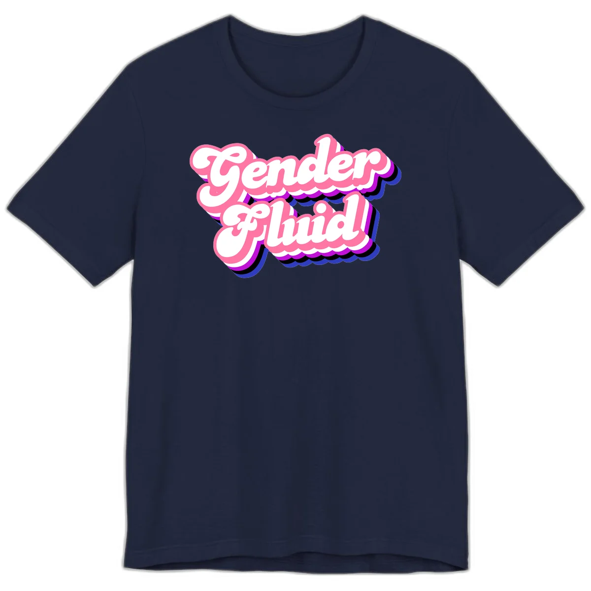 Gender Fluid design featuring bold pink and white text with colorful purple, blue, and black layered shadow effects in Navy