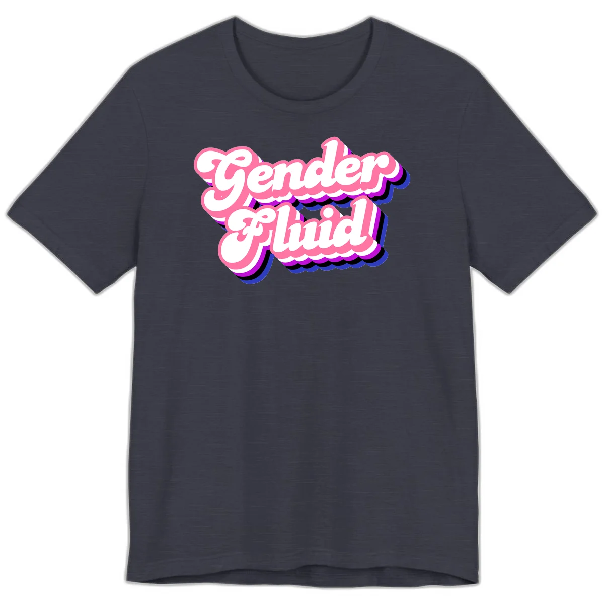 Gender Fluid design featuring bold pink and white text with colorful purple, blue, and black layered shadow effects in Heather Midnight Navy