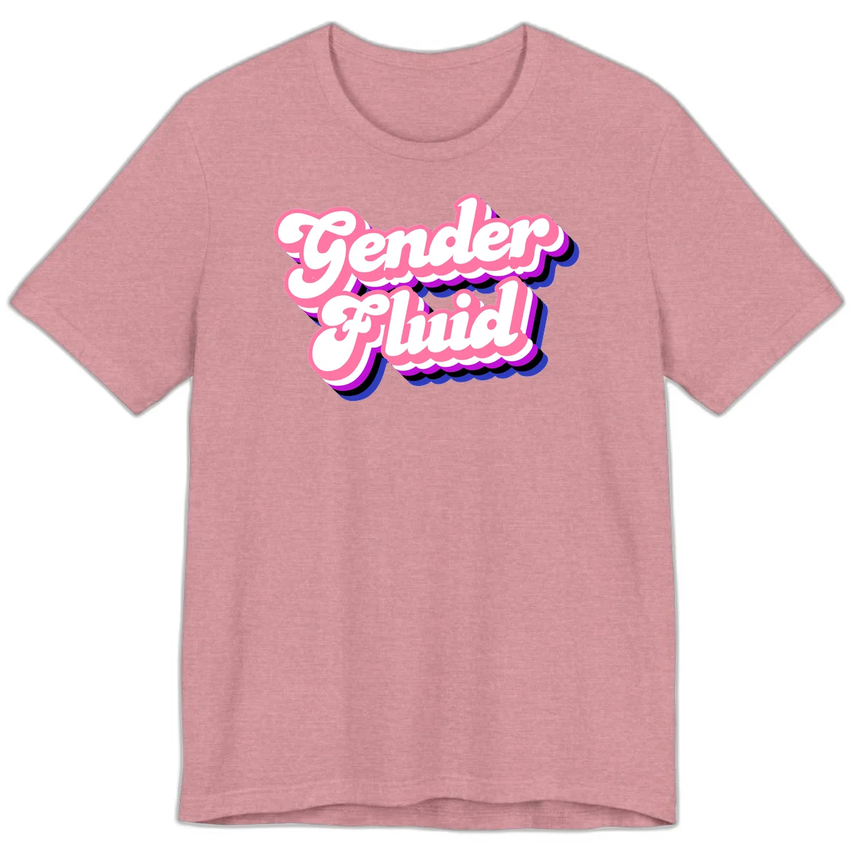 Gender Fluid design featuring bold pink and white text with colorful purple, blue, and black layered shadow effects in Heather Orchid