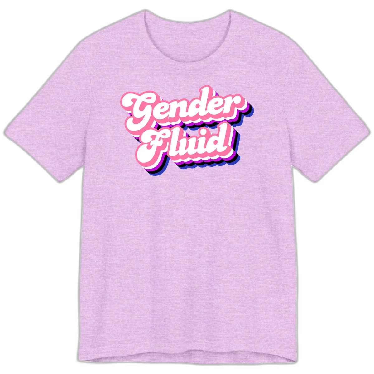 Gender Fluid design featuring bold pink and white text with colorful purple, blue, and black layered shadow effects in Heather Prism Lilac