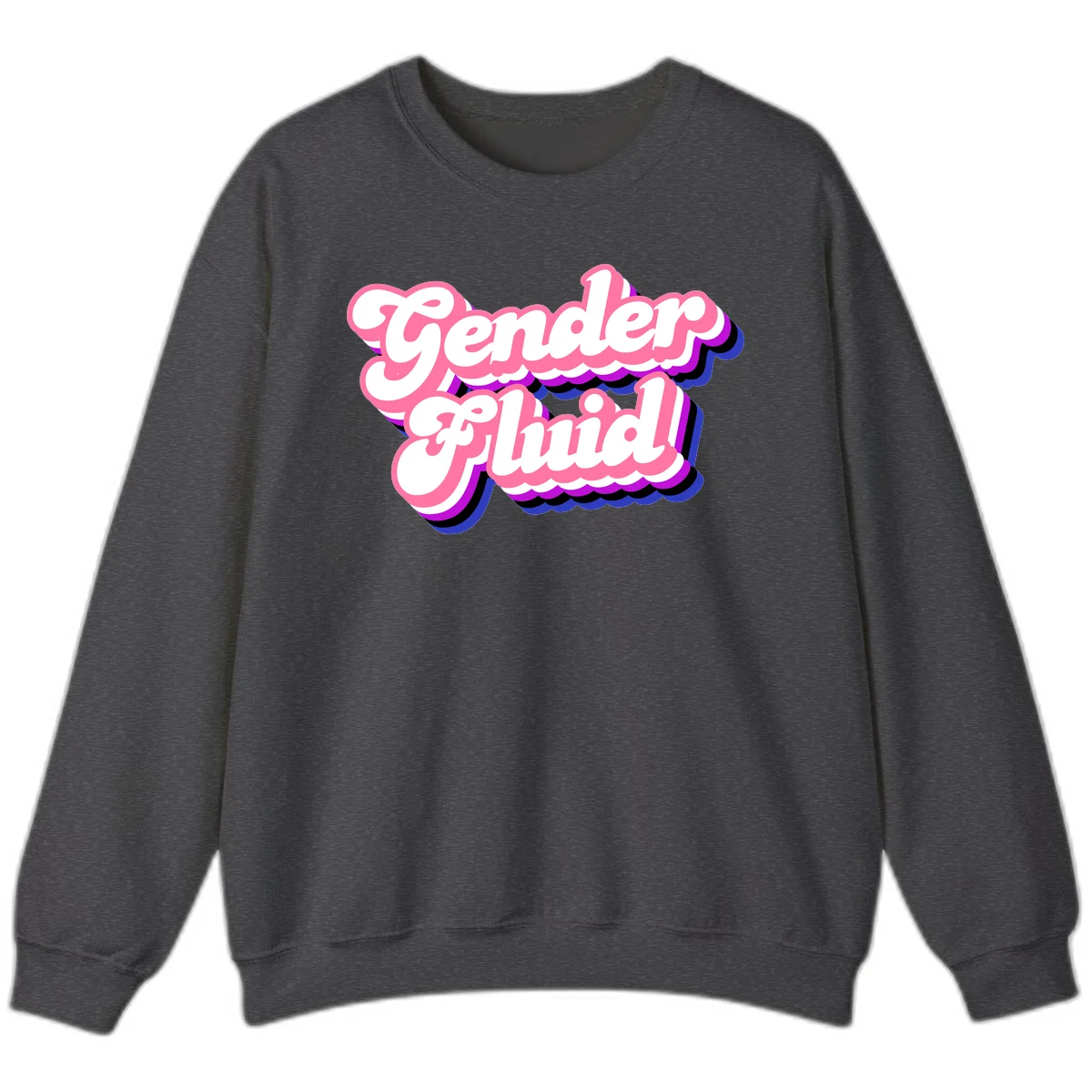 Gender Fluid design featuring bold pink and white text with colorful purple, blue, and black layered shadow effects in Dark Heather
