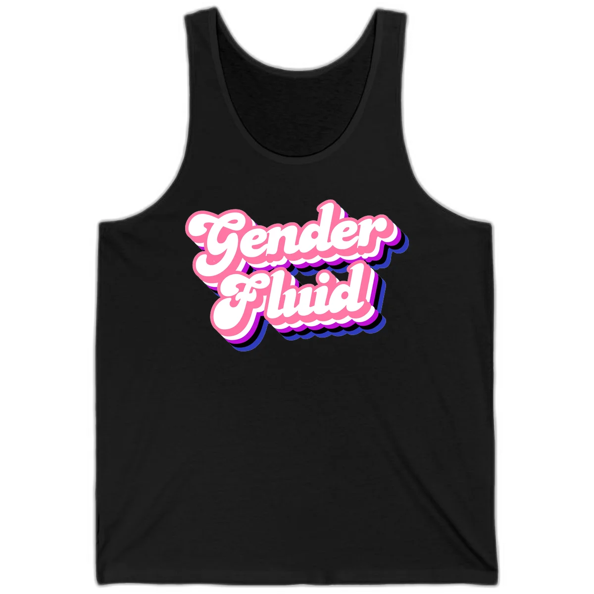 Gender Fluid design featuring bold pink and white text with colorful purple, blue, and black layered shadow effects in Black