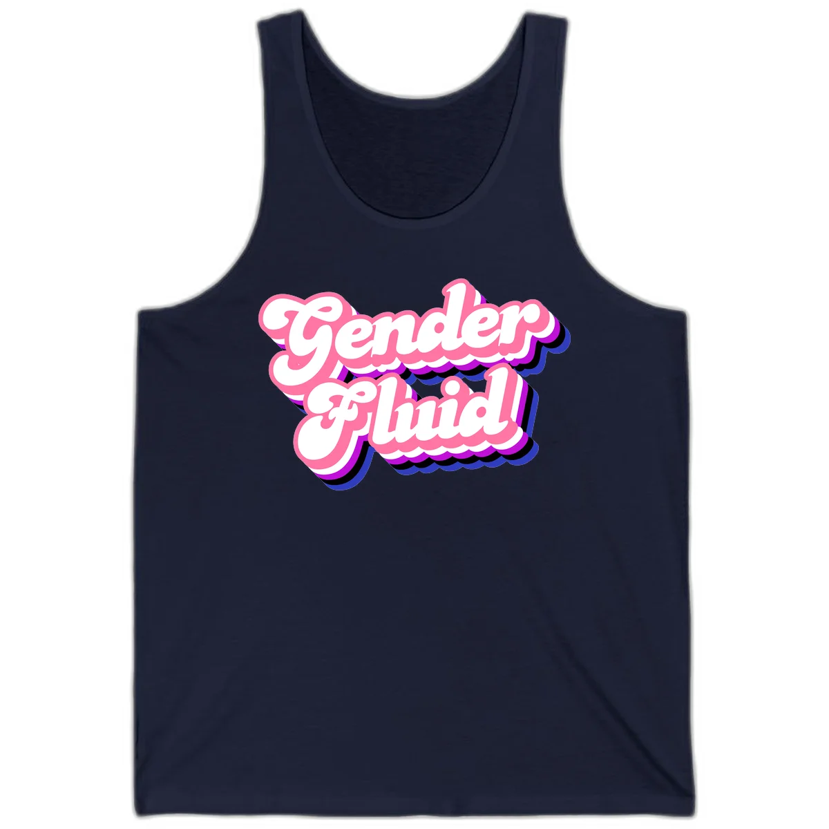 Gender Fluid design featuring bold pink and white text with colorful purple, blue, and black layered shadow effects in Navy