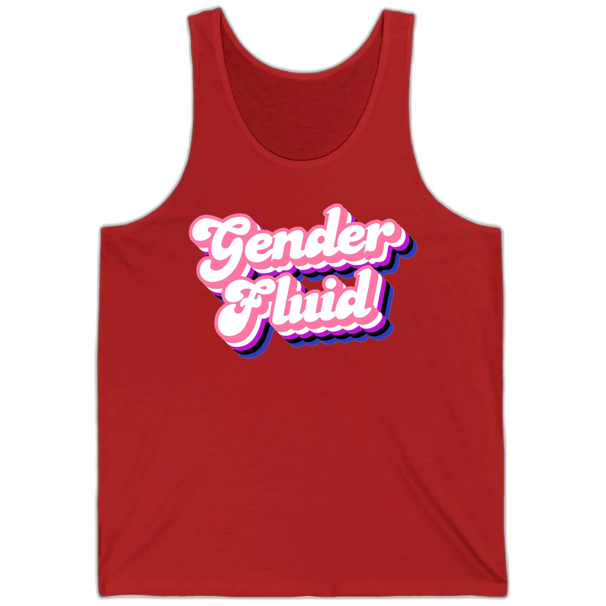 Gender Fluid design featuring bold pink and white text with colorful purple, blue, and black layered shadow effects in Red