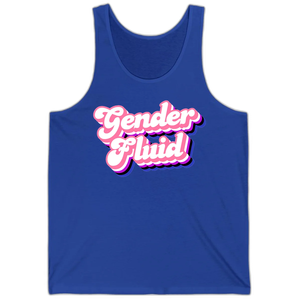Gender Fluid design featuring bold pink and white text with colorful purple, blue, and black layered shadow effects in True Royal
