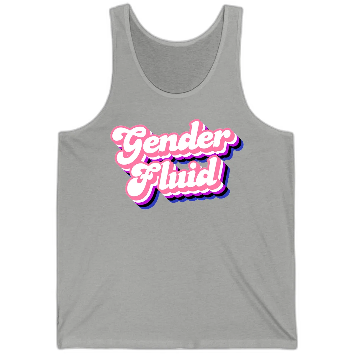 Gender Fluid design featuring bold pink and white text with colorful purple, blue, and black layered shadow effects in Athletic Heather