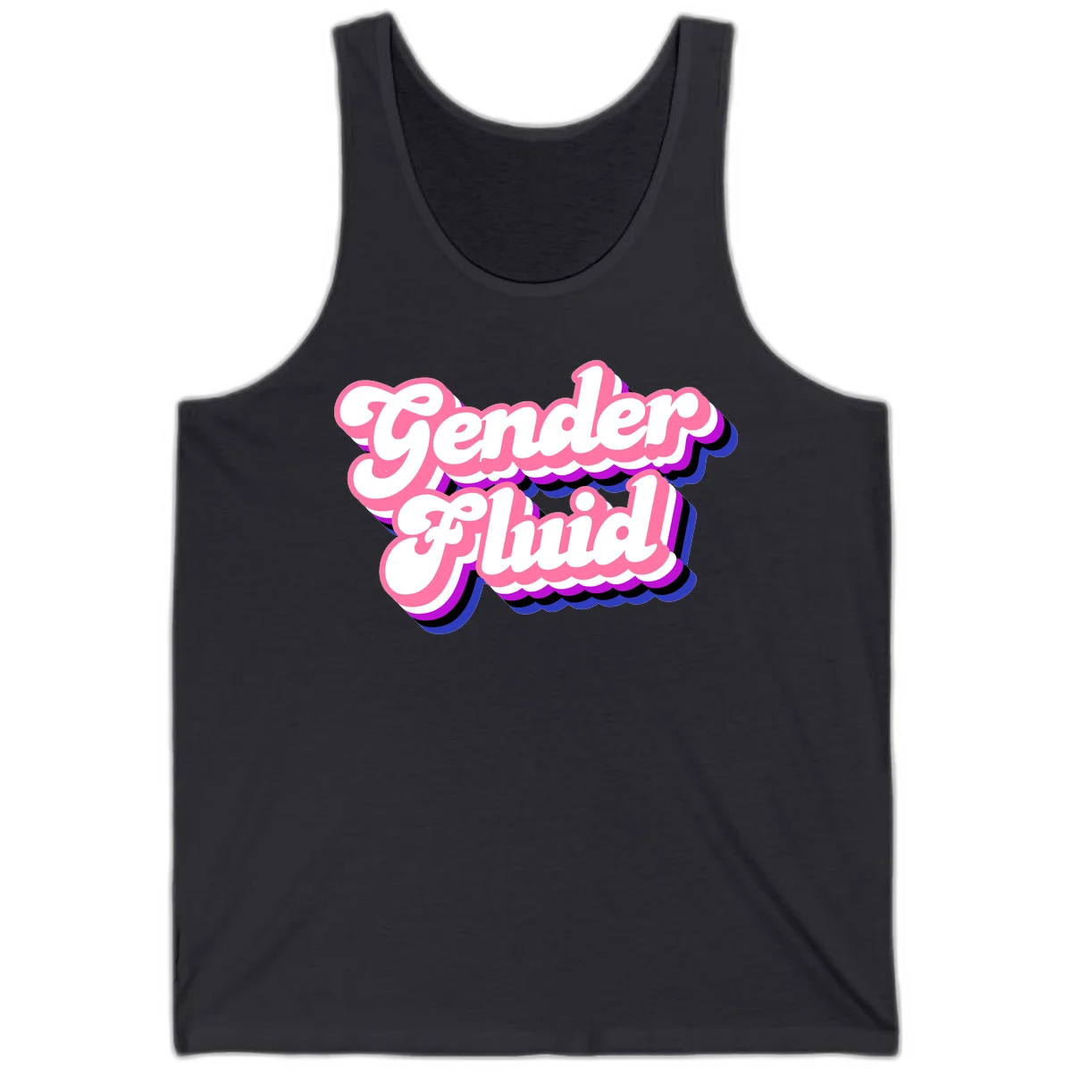 Gender Fluid design featuring bold pink and white text with colorful purple, blue, and black layered shadow effects in Dark Grey