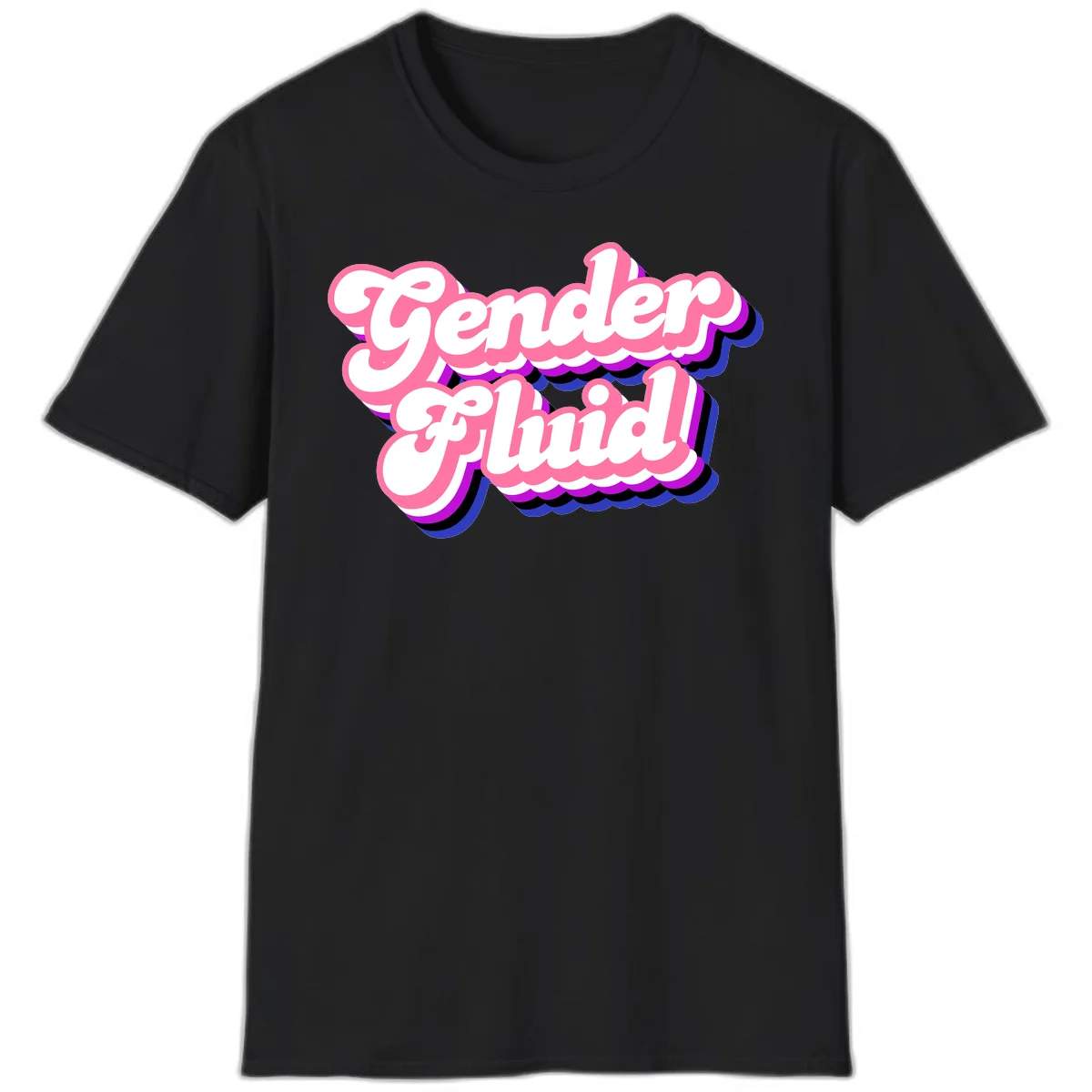 Gender Fluid design featuring bold pink and white text with colorful purple, blue, and black layered shadow effects in Black