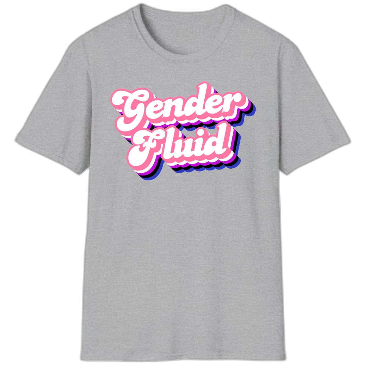 Gender Fluid design featuring bold pink and white text with colorful purple, blue, and black layered shadow effects in Sport Grey