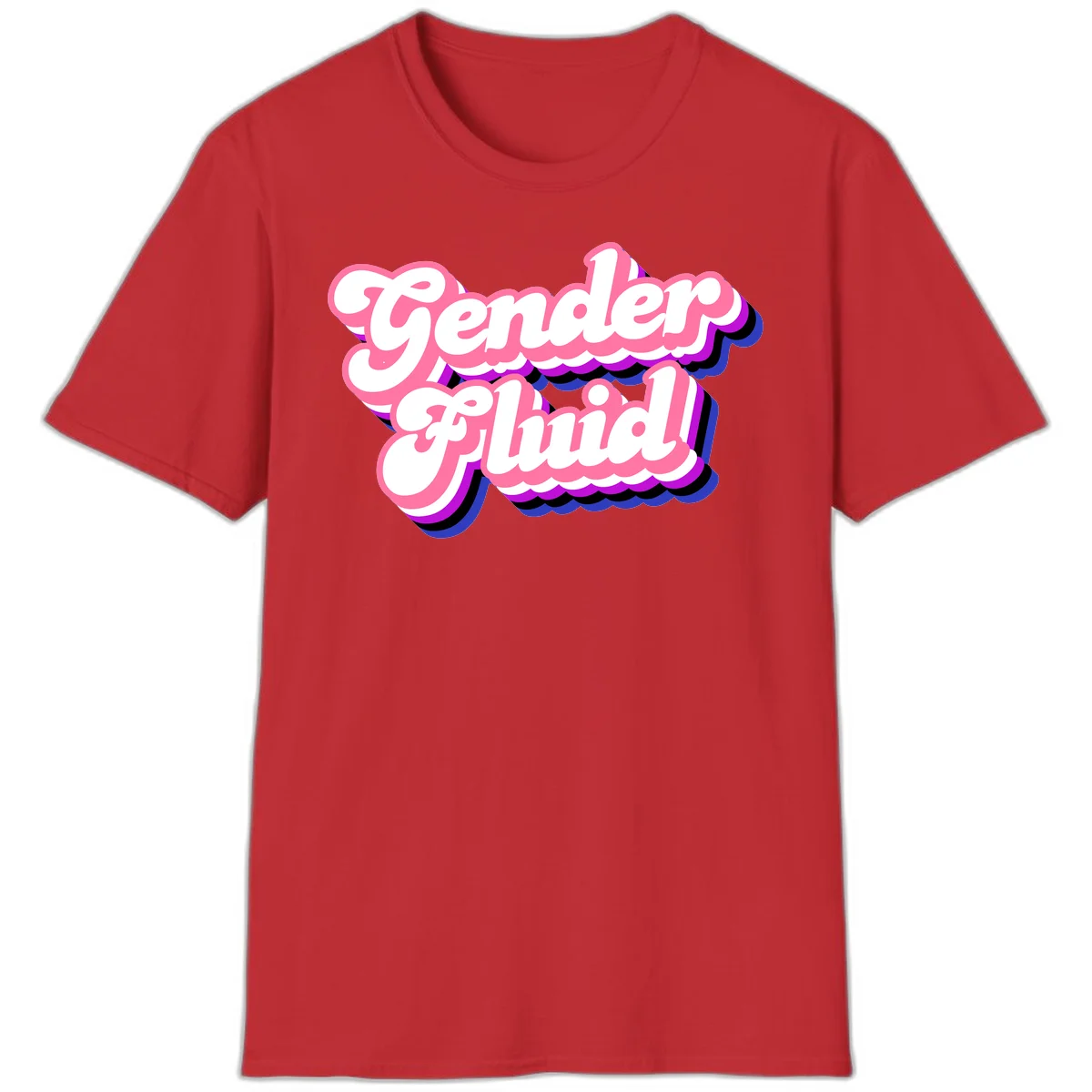 Gender Fluid design featuring bold pink and white text with colorful purple, blue, and black layered shadow effects in Red