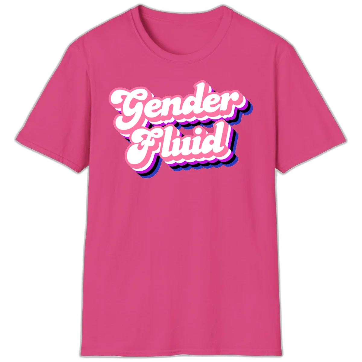 Gender Fluid design featuring bold pink and white text with colorful purple, blue, and black layered shadow effects in Heliconia