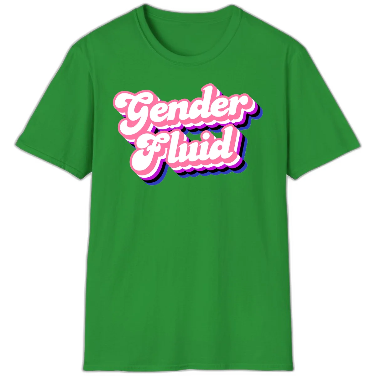 Gender Fluid design featuring bold pink and white text with colorful purple, blue, and black layered shadow effects in Irish Green