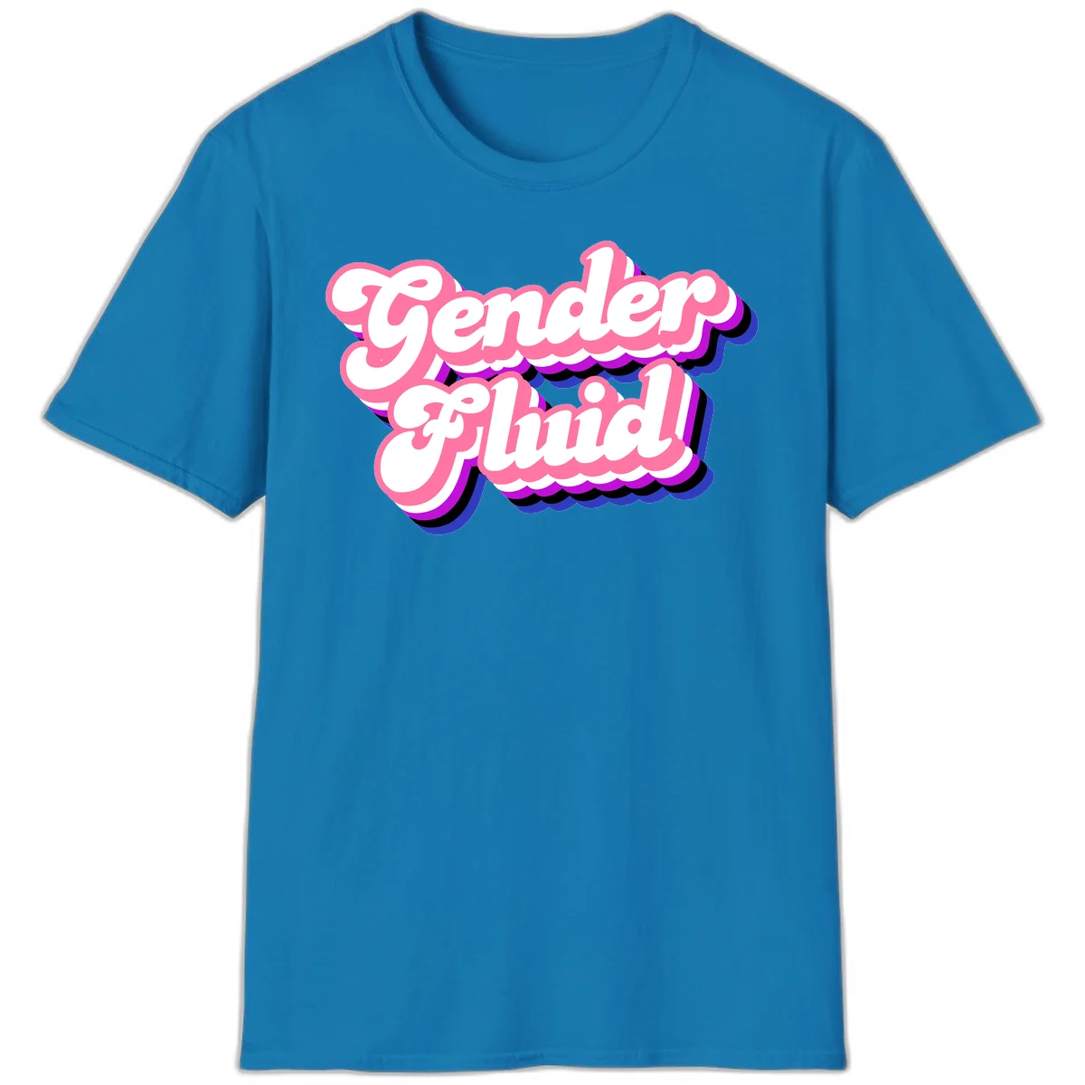 Gender Fluid design featuring bold pink and white text with colorful purple, blue, and black layered shadow effects in Sapphire