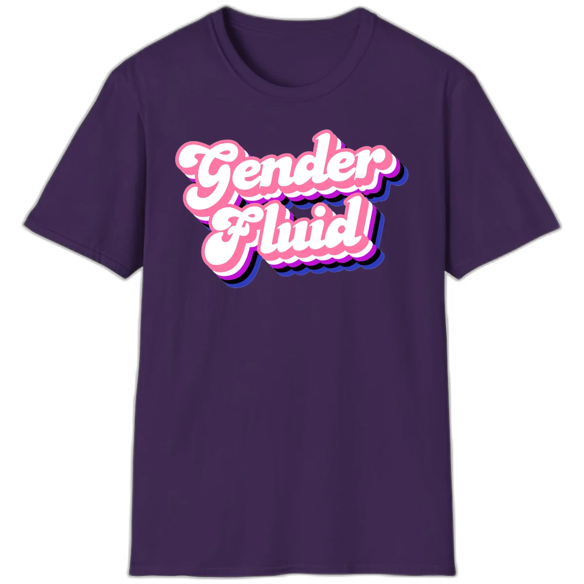 Gender Fluid design featuring bold pink and white text with colorful purple, blue, and black layered shadow effects in Purple