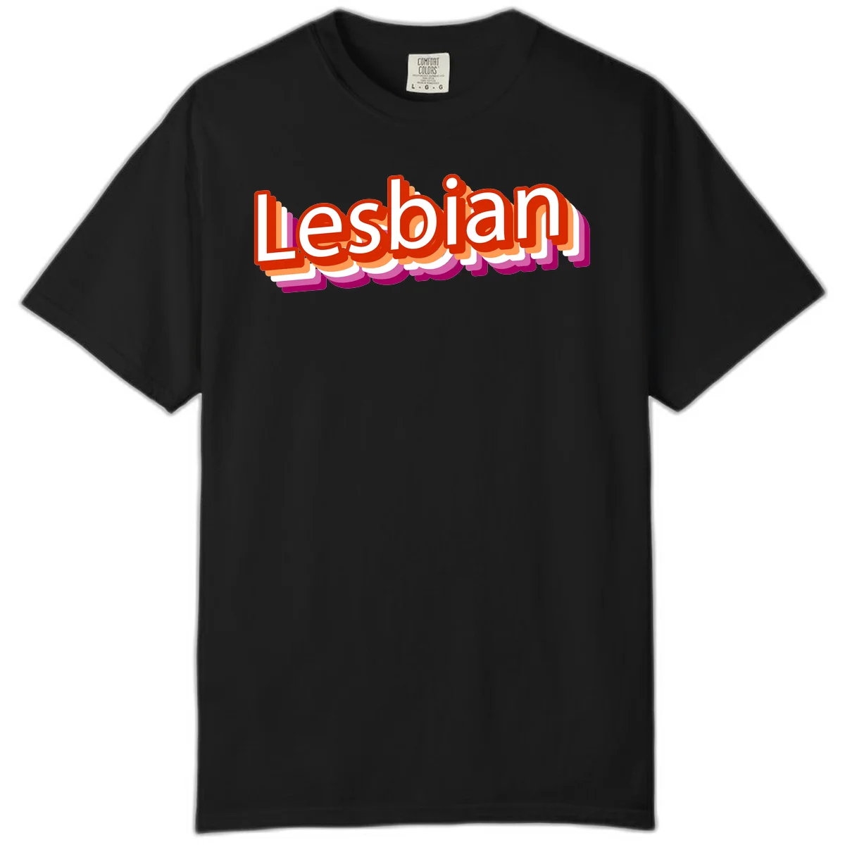 Colorful 3D text reading 'Lesbian' with layered shadow effects in red, orange, white, pink, and purple pride colors in Black
