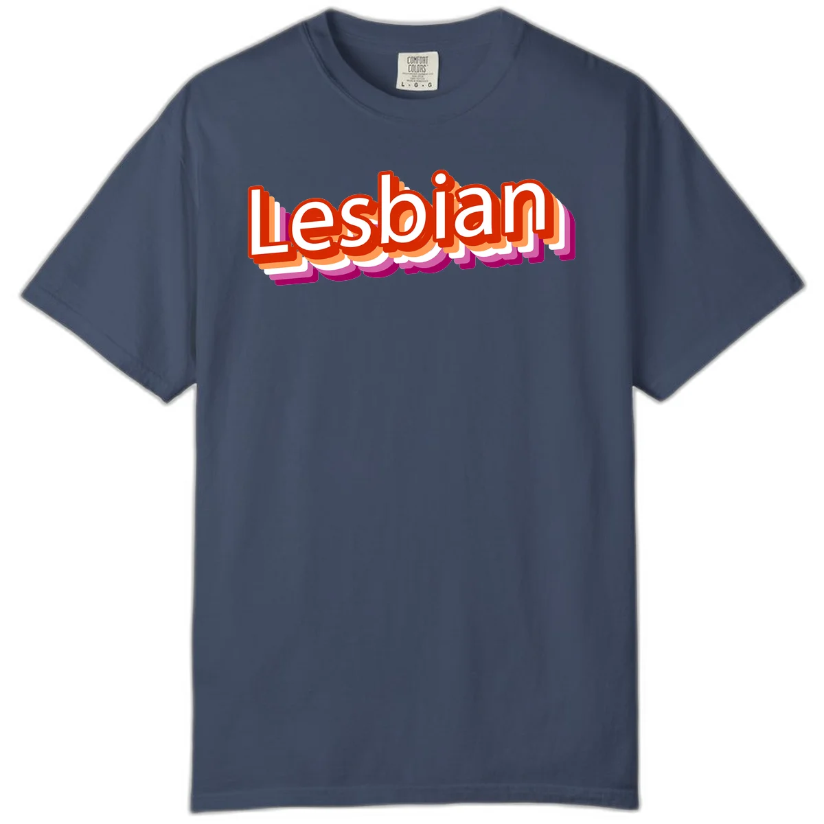 Colorful 3D text reading 'Lesbian' with layered shadow effects in red, orange, white, pink, and purple pride colors in Midnight