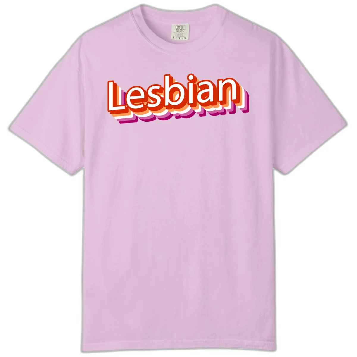 Colorful 3D text reading 'Lesbian' with layered shadow effects in red, orange, white, pink, and purple pride colors in Orchid