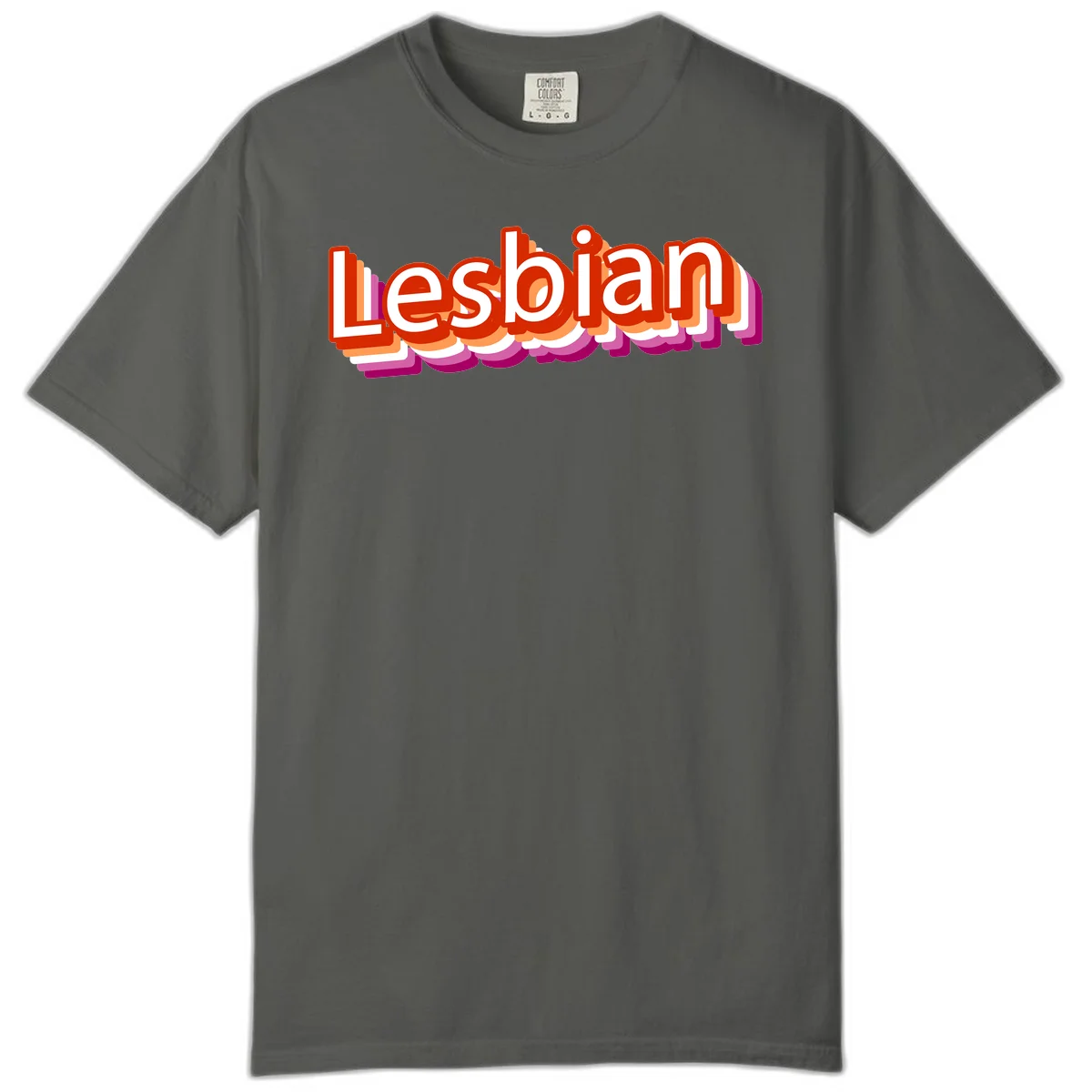 Colorful 3D text reading 'Lesbian' with layered shadow effects in red, orange, white, pink, and purple pride colors in Pepper