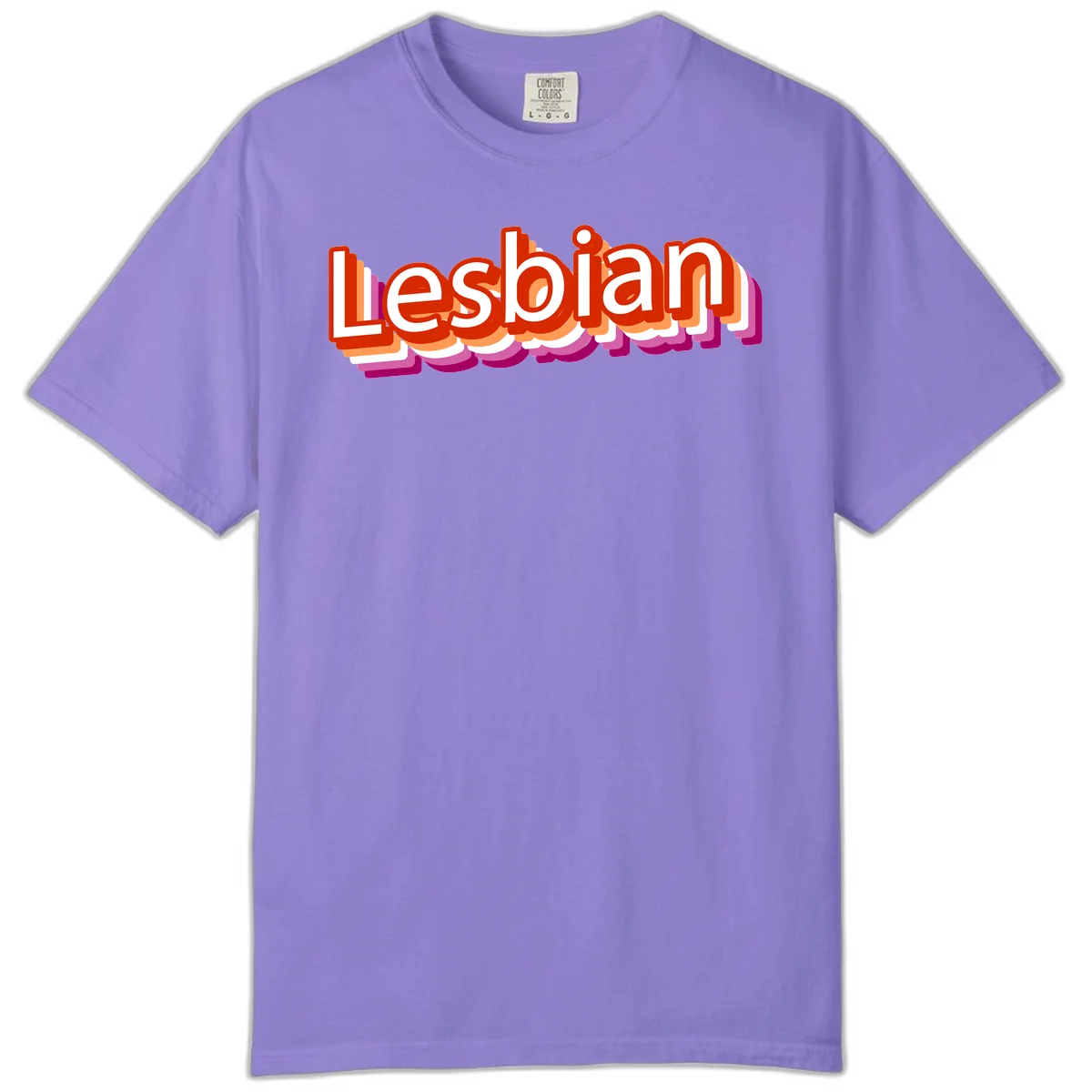 Colorful 3D text reading 'Lesbian' with layered shadow effects in red, orange, white, pink, and purple pride colors in Violet