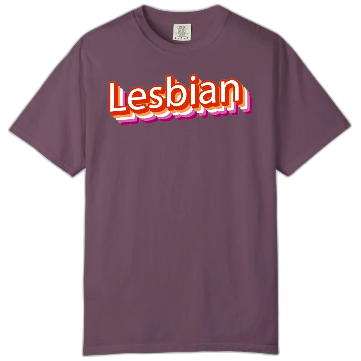Colorful 3D text reading 'Lesbian' with layered shadow effects in red, orange, white, pink, and purple pride colors in Berry