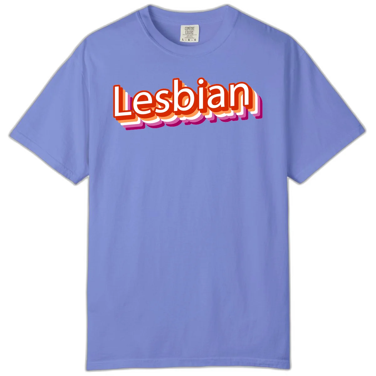 Colorful 3D text reading 'Lesbian' with layered shadow effects in red, orange, white, pink, and purple pride colors in Flo Blue