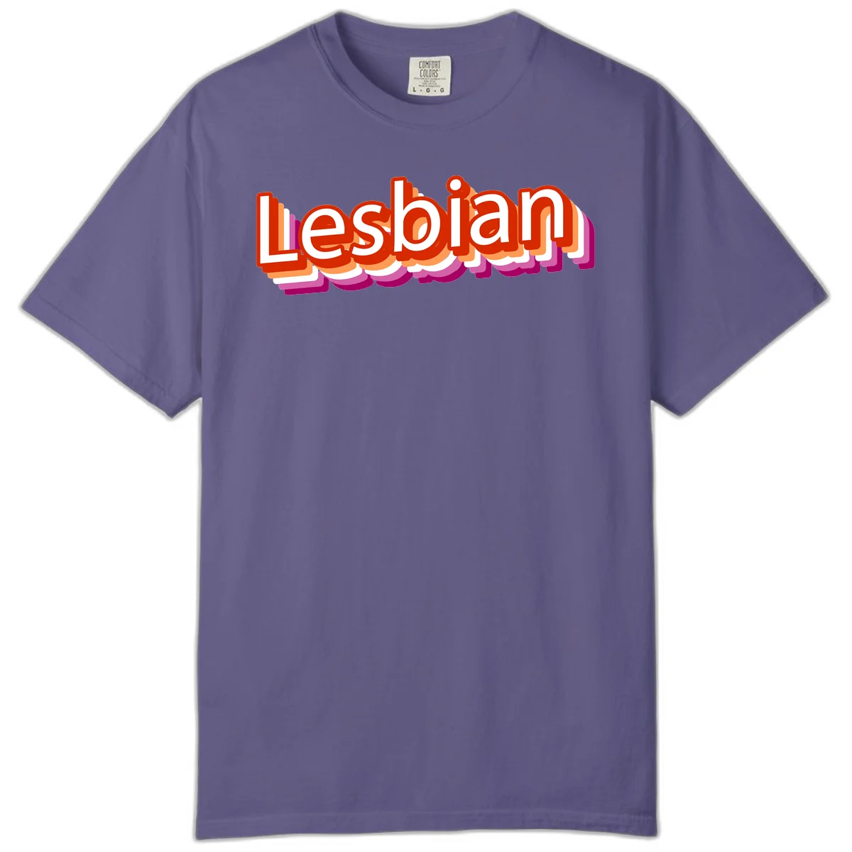 Colorful 3D text reading 'Lesbian' with layered shadow effects in red, orange, white, pink, and purple pride colors in Grape
