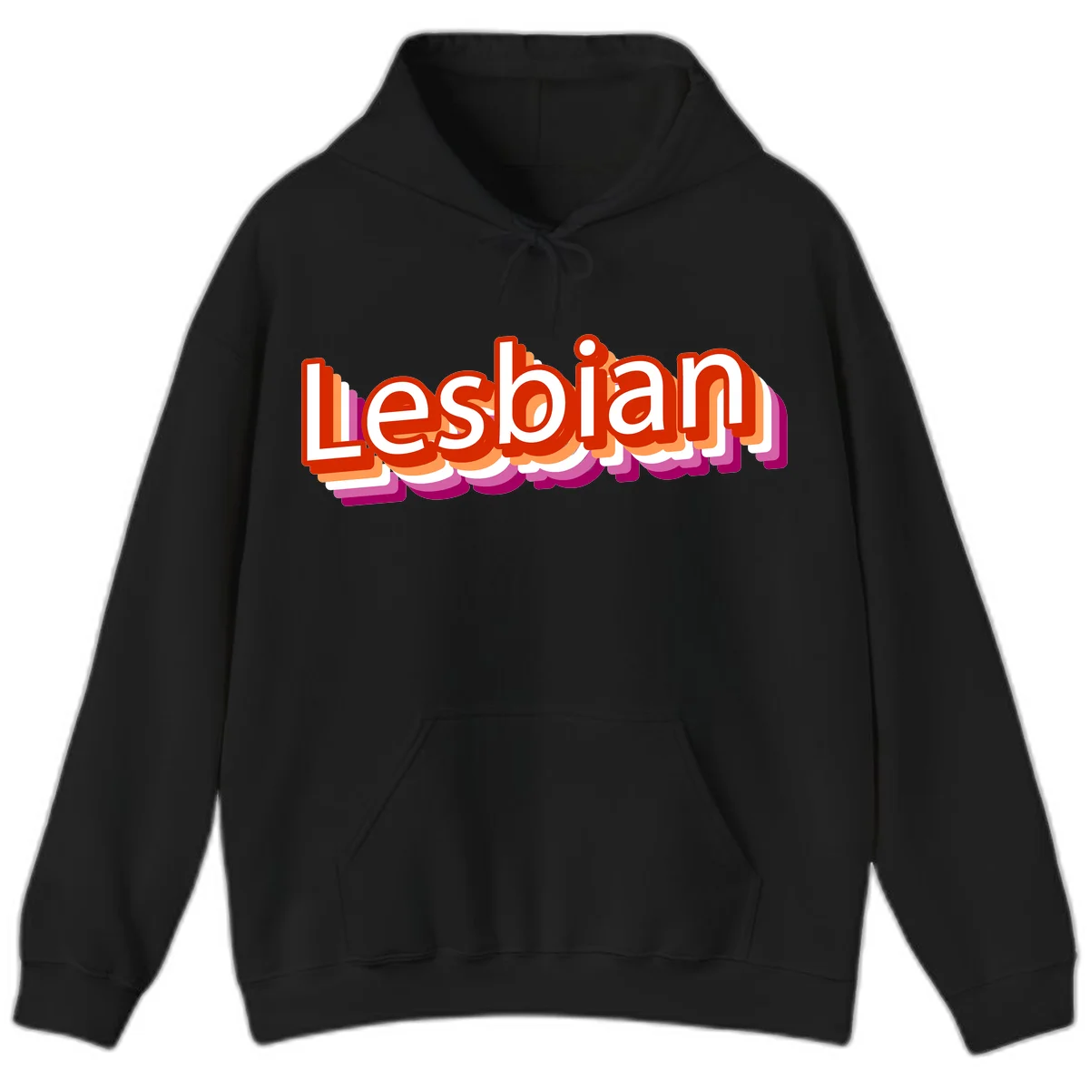 Colorful 3D text reading 'Lesbian' with layered shadow effects in red, orange, white, pink, and purple pride colors in Black