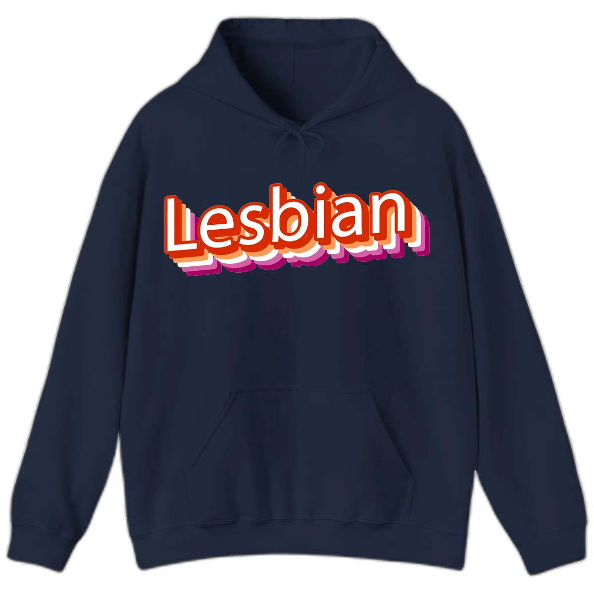 Colorful 3D text reading 'Lesbian' with layered shadow effects in red, orange, white, pink, and purple pride colors in Navy