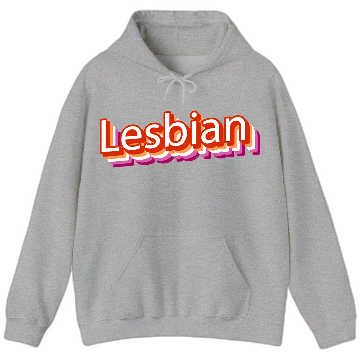 Colorful 3D text reading 'Lesbian' with layered shadow effects in red, orange, white, pink, and purple pride colors in Sport Grey