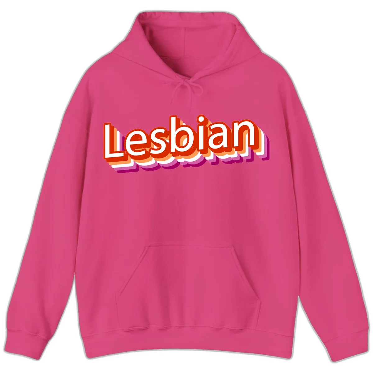 Colorful 3D text reading 'Lesbian' with layered shadow effects in red, orange, white, pink, and purple pride colors in Heliconia