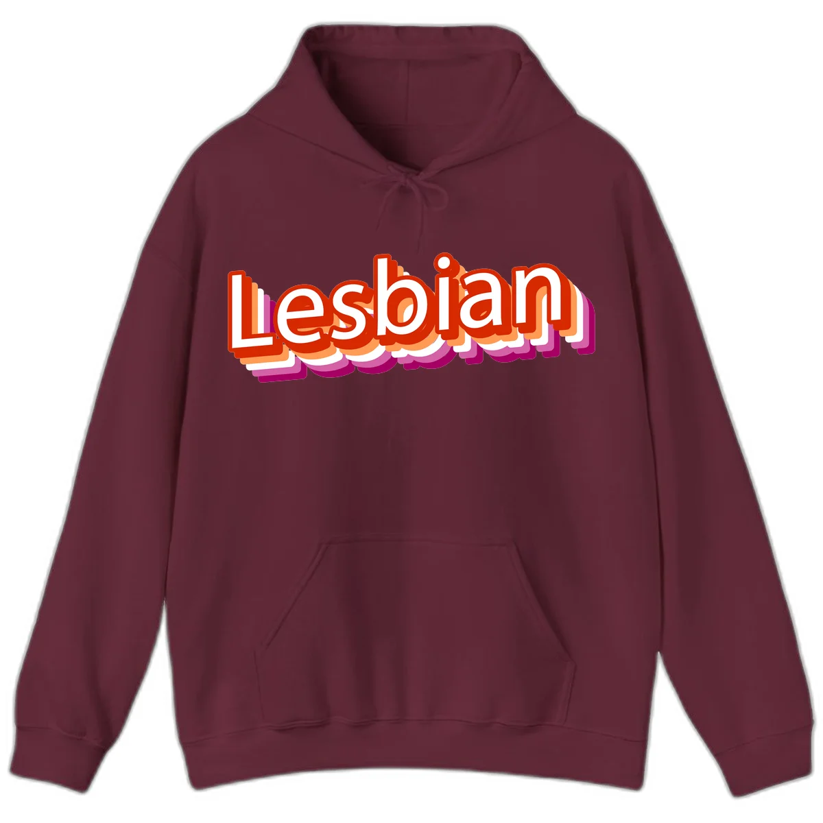 Colorful 3D text reading 'Lesbian' with layered shadow effects in red, orange, white, pink, and purple pride colors in Maroon