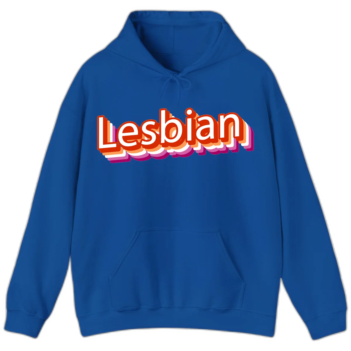 Colorful 3D text reading 'Lesbian' with layered shadow effects in red, orange, white, pink, and purple pride colors in Royal