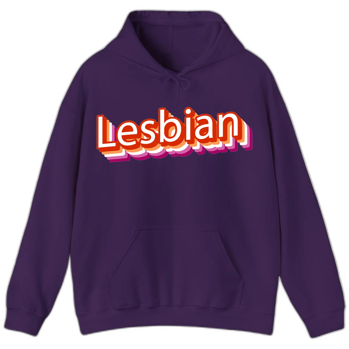 Colorful 3D text reading 'Lesbian' with layered shadow effects in red, orange, white, pink, and purple pride colors in Purple