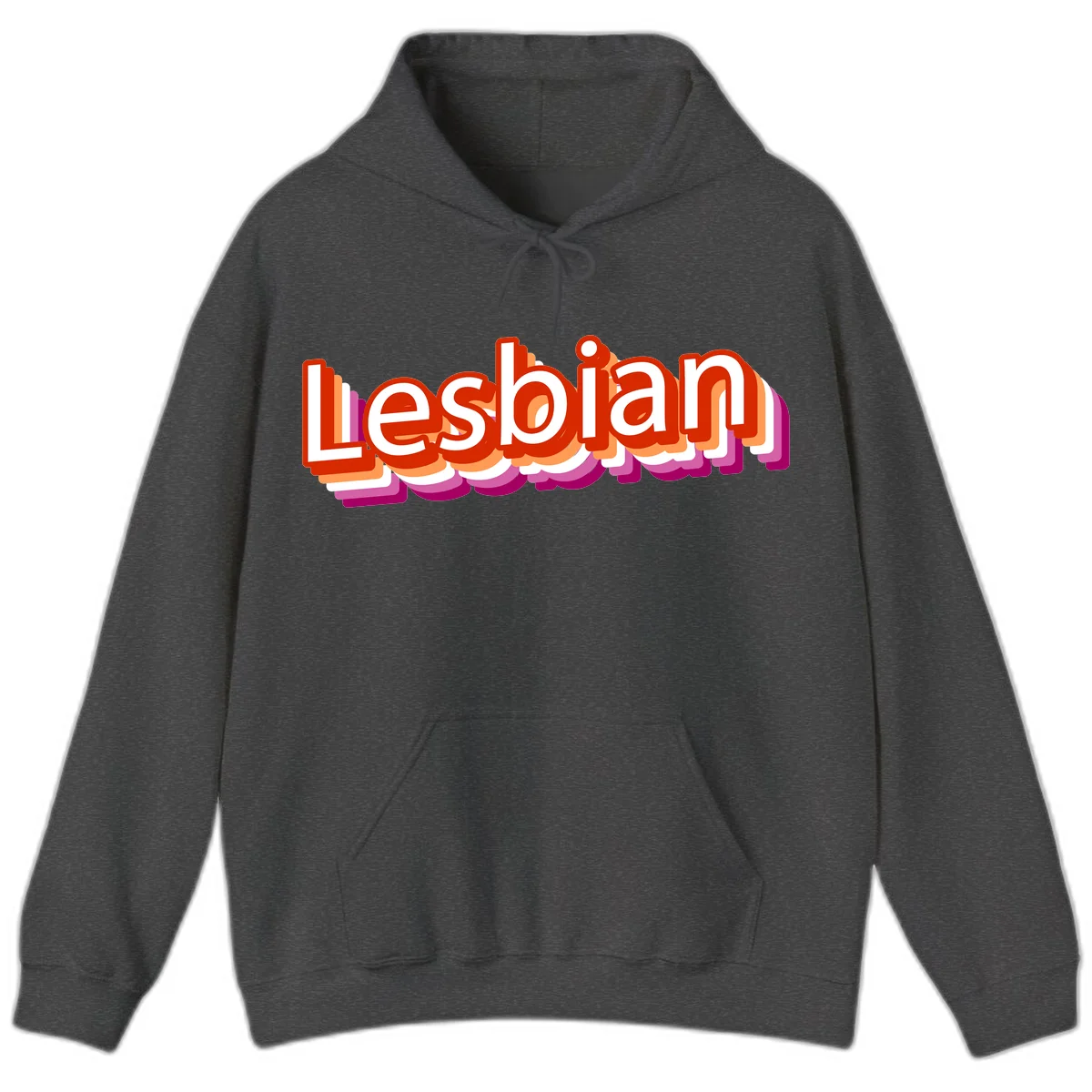 Colorful 3D text reading 'Lesbian' with layered shadow effects in red, orange, white, pink, and purple pride colors in Dark Heather