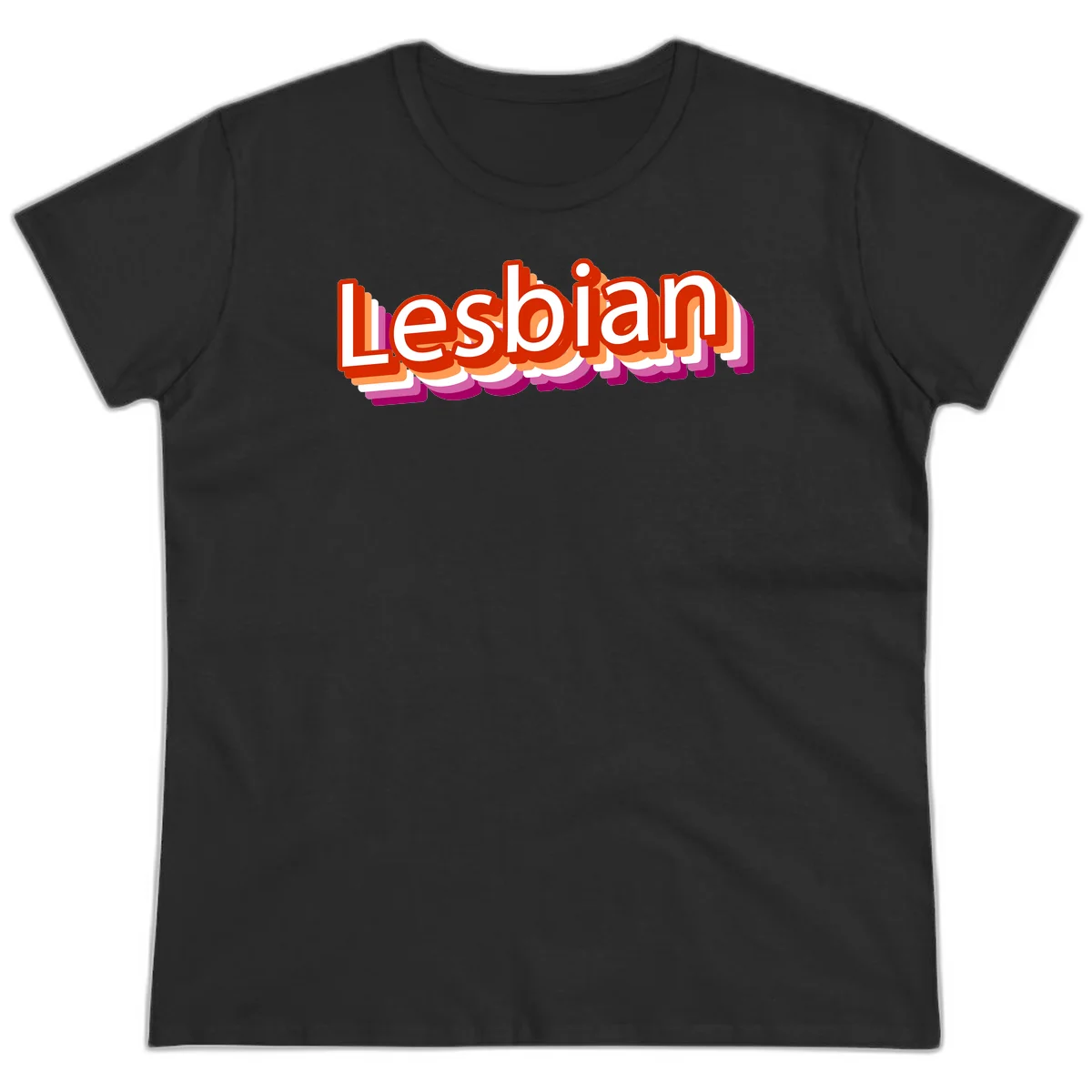 Colorful 3D text reading 'Lesbian' with layered shadow effects in red, orange, white, pink, and purple pride colors in Black