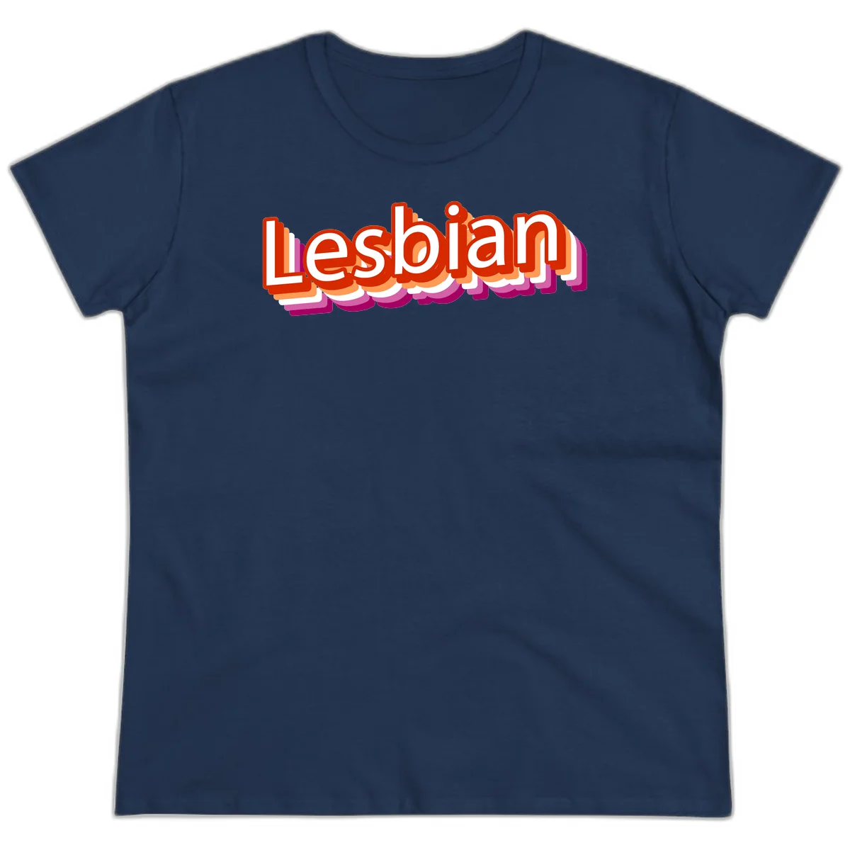 Colorful 3D text reading 'Lesbian' with layered shadow effects in red, orange, white, pink, and purple pride colors in Navy