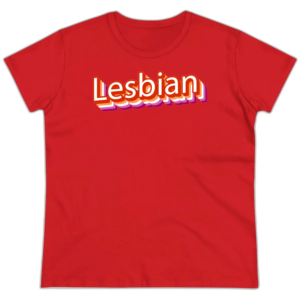 Colorful 3D text reading 'Lesbian' with layered shadow effects in red, orange, white, pink, and purple pride colors in Red