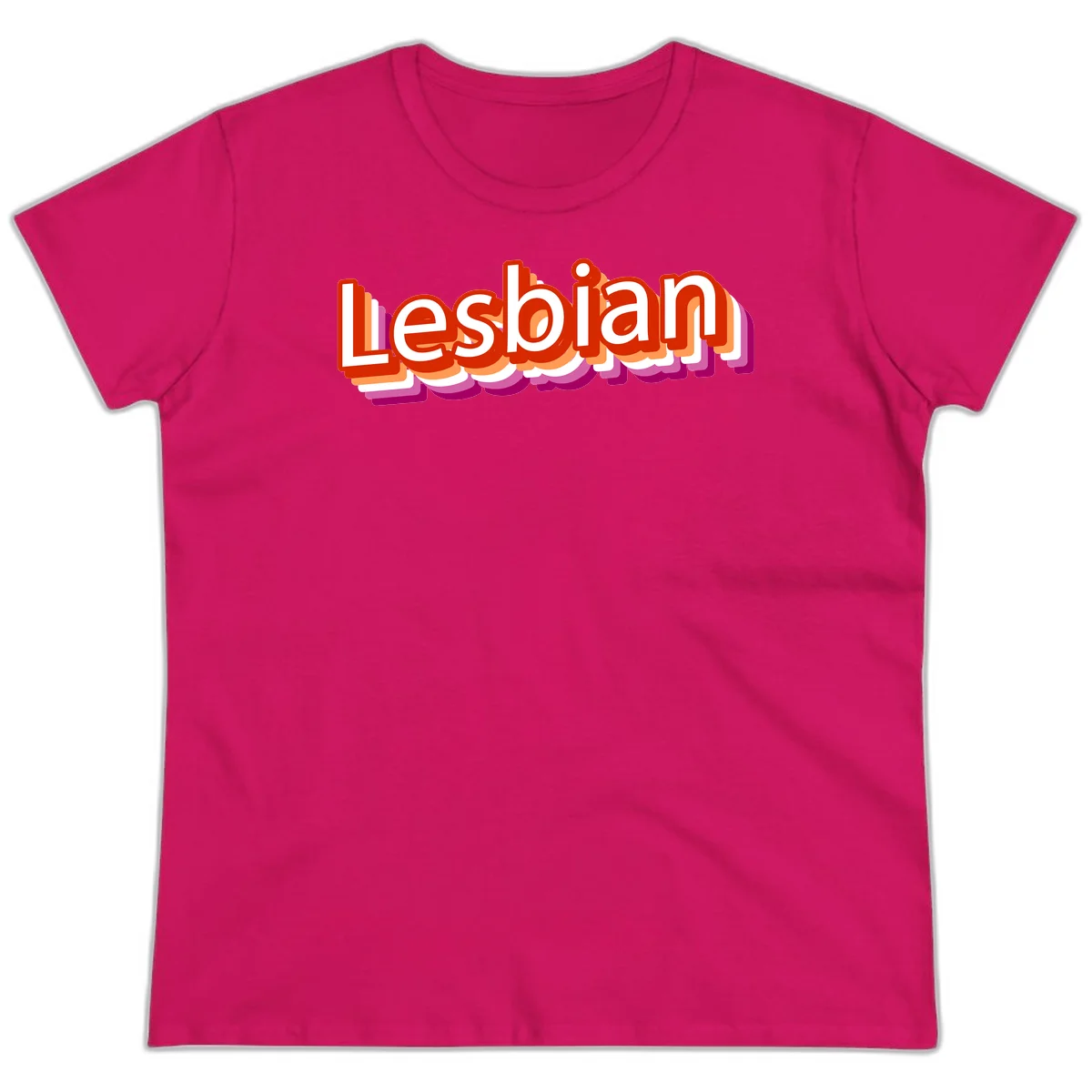 Colorful 3D text reading 'Lesbian' with layered shadow effects in red, orange, white, pink, and purple pride colors in Heliconia