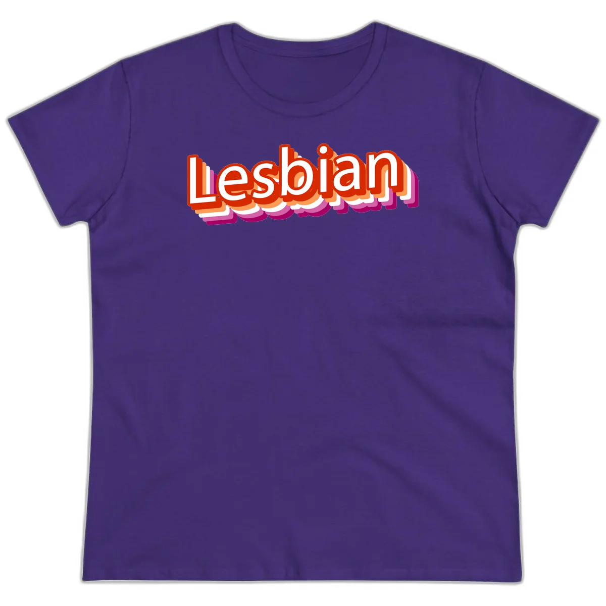 Colorful 3D text reading 'Lesbian' with layered shadow effects in red, orange, white, pink, and purple pride colors in Purple