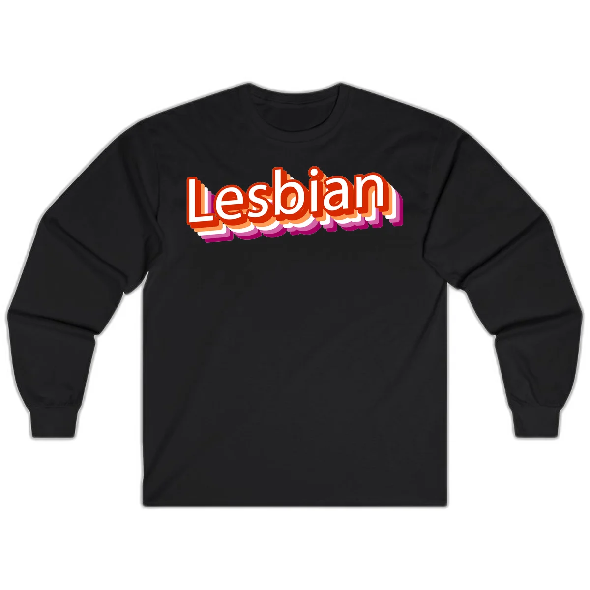 Colorful 3D text reading 'Lesbian' with layered shadow effects in red, orange, white, pink, and purple pride colors in Black